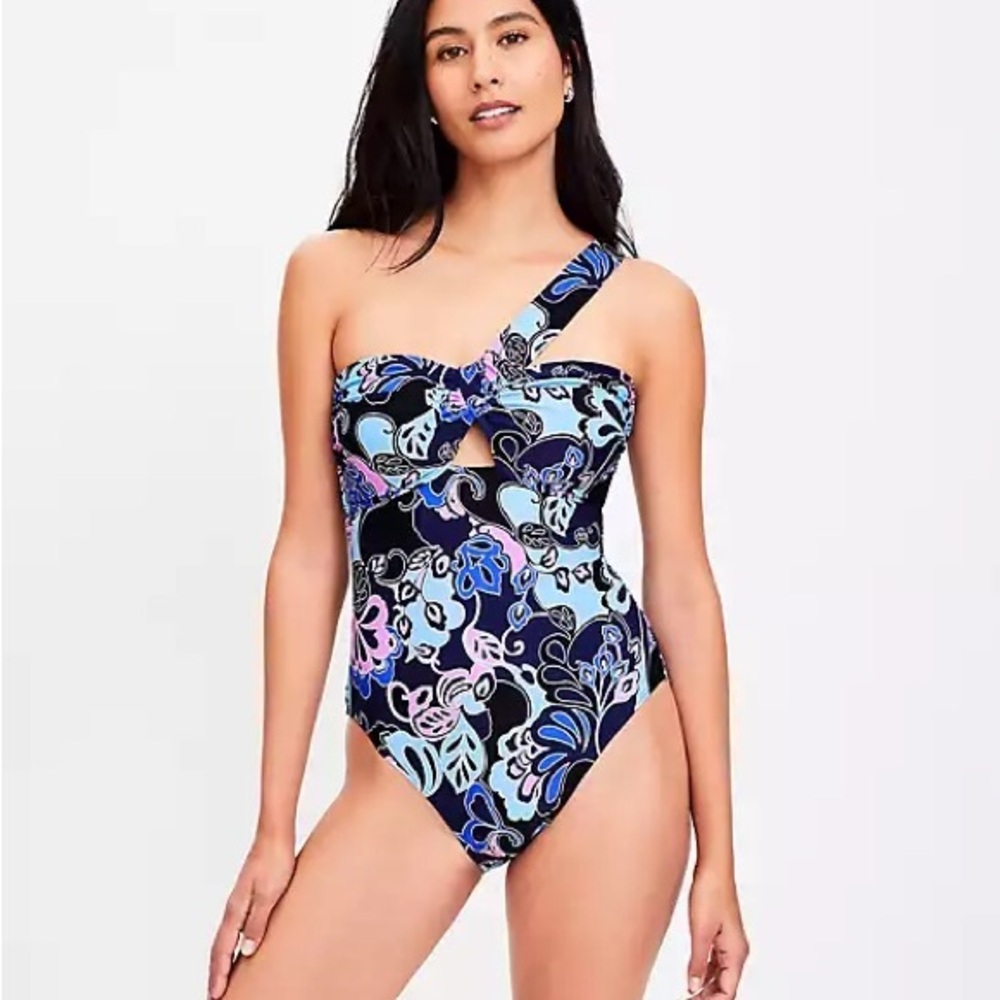 Loft Beach Floral Asymmetrical Bandeau Swimsuit - Picture 1 of 11